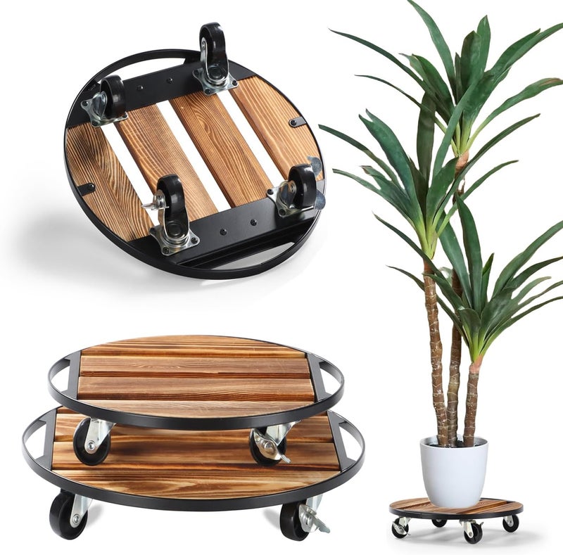 PRAQECZ 2 Pack Plant Caddy with Wheels,14" + 12" Rolling Plant Stand 264 LB Heavy Duty, Iron and Wood Round Plant Dolly with Metal 360° Lockable Wheels for Outdoor Indoor Large Plant Pots, Patio, Flower Pot - Image 1